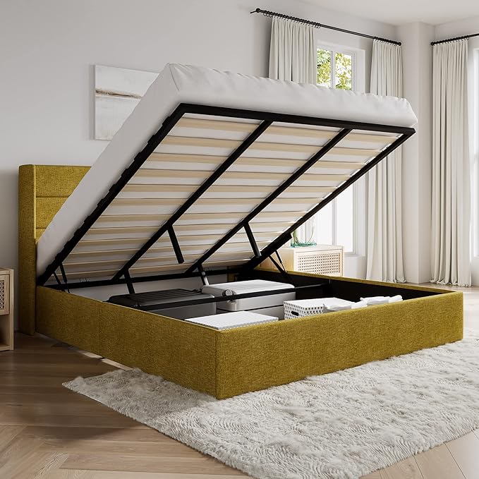SHA CERLIN King Size Lift Up Storage Bed/Modern Wingback Headboard/Upholstered Platform Bed Frame/Hydraulic Storage/No Box Spring Needed/Wood Slats Support/Olive Yellow