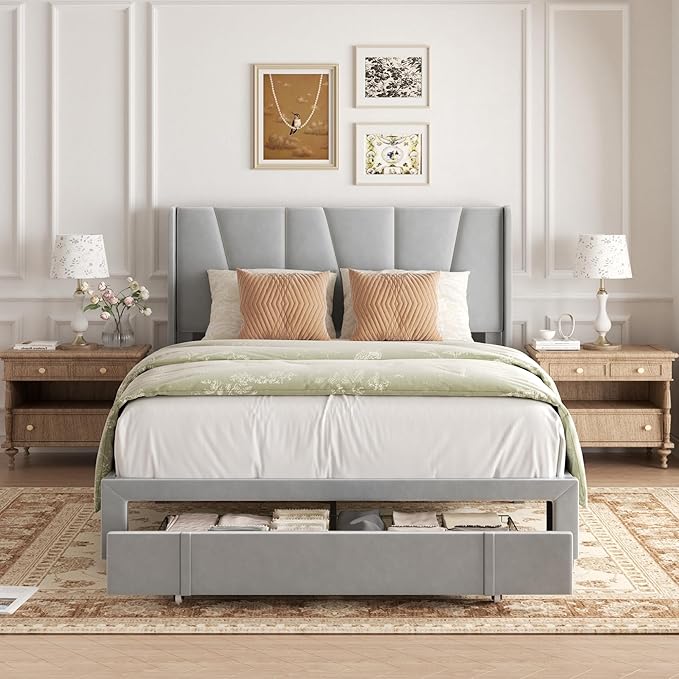 Full Bed Frame with Storage Drawers, Upholstered Platform Bed with Headboard and Wingboard, No Box Spring Needed, Noise Free, Easy Assembly, Wooden Support Slats, Light Grey