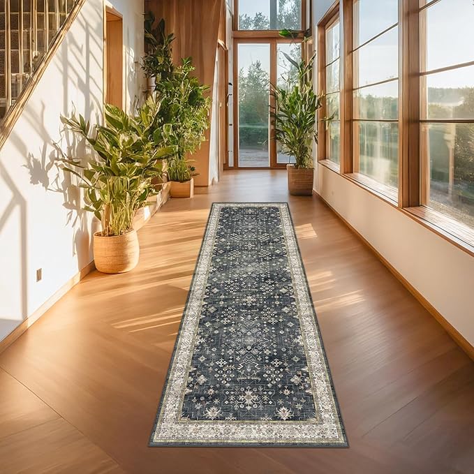 Black Washable Long Runners for Hallways, 2'6"x8' Wide Kitchen Runner Rug, Entryway Indoor Rug, Non Slip Rubber Backing Boho Vintage Floor Decor