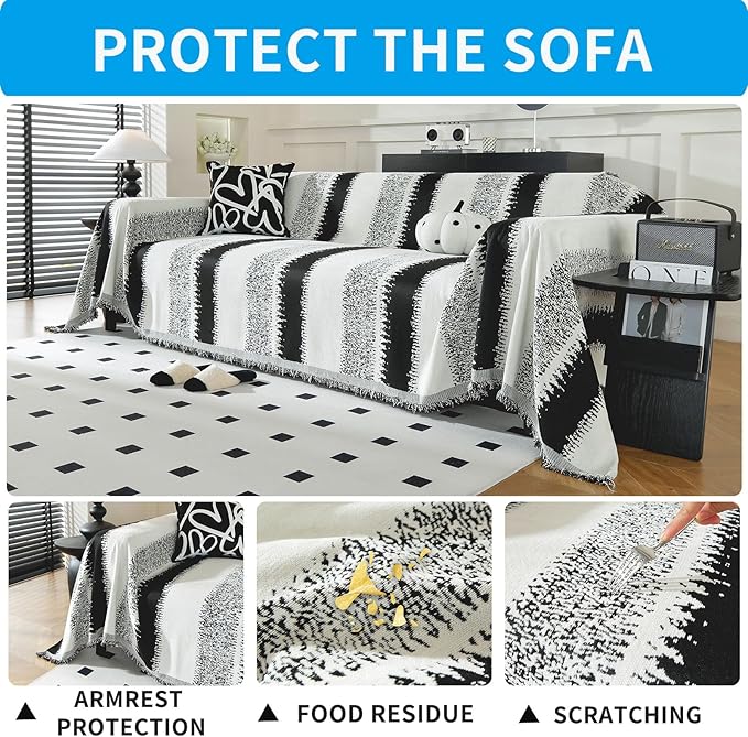 LUFEIJIASHI Boho Couch Covers for Sofa Non Slip Sofa Covers Washable Couch Covers for 3 Cushion Couch Sofa Pet Friendly Sectional Couch Cover Blanket Furniture Protector for Dogs (Black, 91"x118")