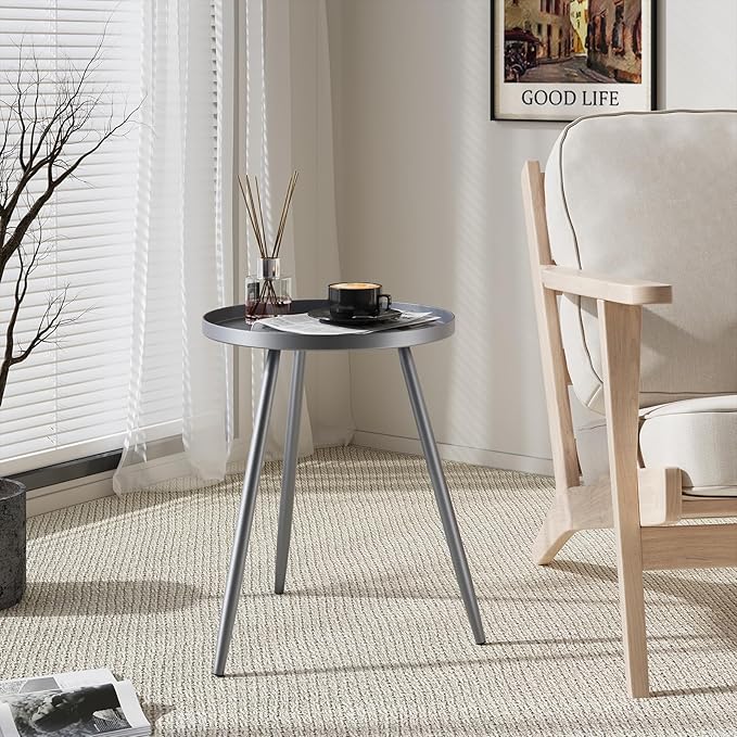 Apicizon 16" Round Side Table, Black End Table for Living Room, Bedside, Mid Century Modern Coffee or Circle Accent Table for Small Spaces, Metal Nightstand (Grey)