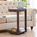 CozyDH C Shaped Solid Wood End Table, Rolling Side Table TV Sofa Tray Table for Eating,Multi-Purpose C Couch Arm Table, Small Coffee Table with Wheels Living Room Bedroom, Walnut
