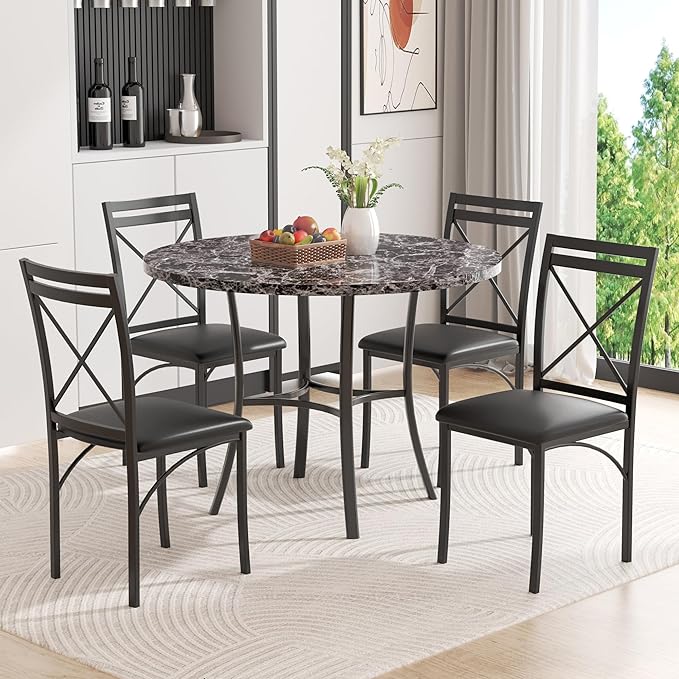 VECELO 5 Piece Dining Table Set for 4, Faux Marble Dinette with Chairs for Kitchen, Breakfast Nook, Small Space, Black