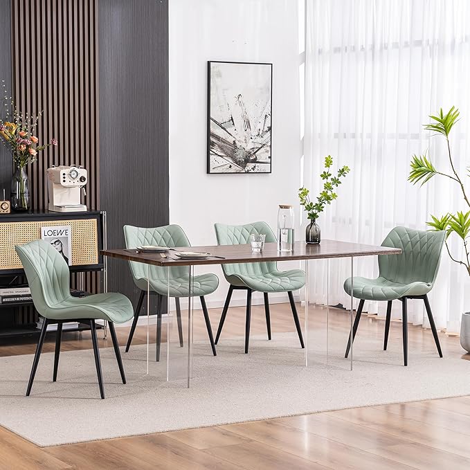 YOUNIKE Dining Chairs Set of 2, Upholstered Faux Leather Dining Room Chairs with Wing Back and Metal Legs, Mint Green