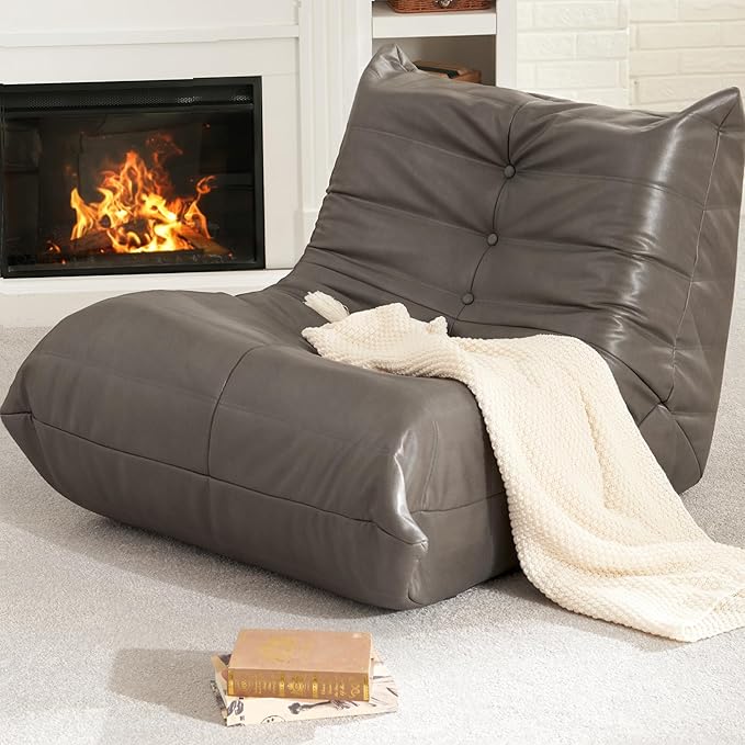 Hobestluk Giant Bean Bag Chair Lazy Floor Sofa, Memory Foam Fireside Sofa for Adults, Big Beanbag Faux Leather Armless Chair for Living Room Bedroom Dorm Office (Grey, Single)