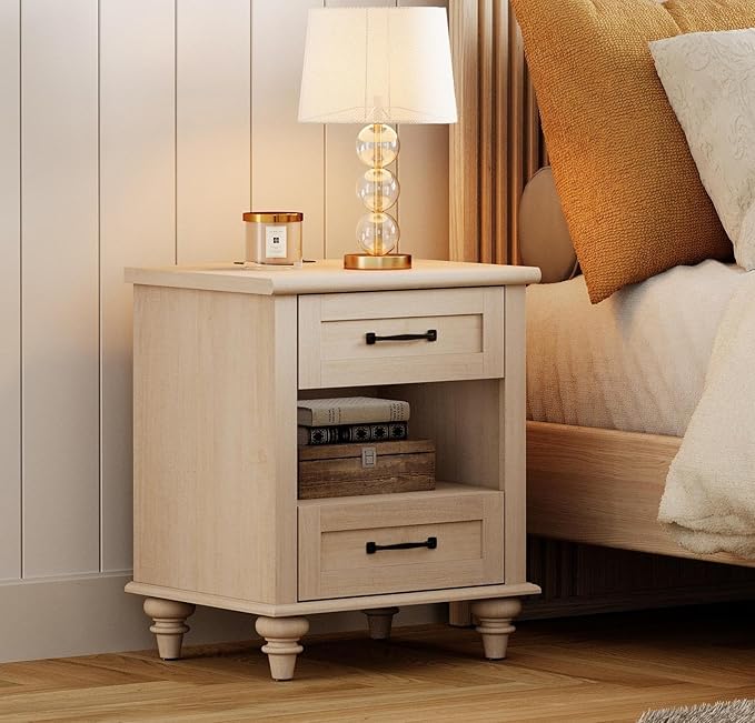 WAMPAT Set of 2 End Tables with Charging Station, 2 Drawer Nightstand for Bedroom with Storage Shelf, 2 Pack Wooden End Tables Bedside Table for Living Room, Beige