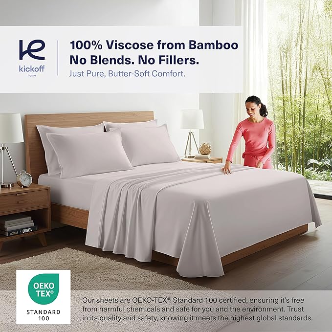 Kickoff Viscose Bamboo Sheets Full Size 4-pc 100% Organic Bamboo Viscose Bed Cooling Sheets Full Size Set Cool Bedding for hot Sleepers Sheet, Flat, Fitted, Pillowcases (Dove Grey, F)