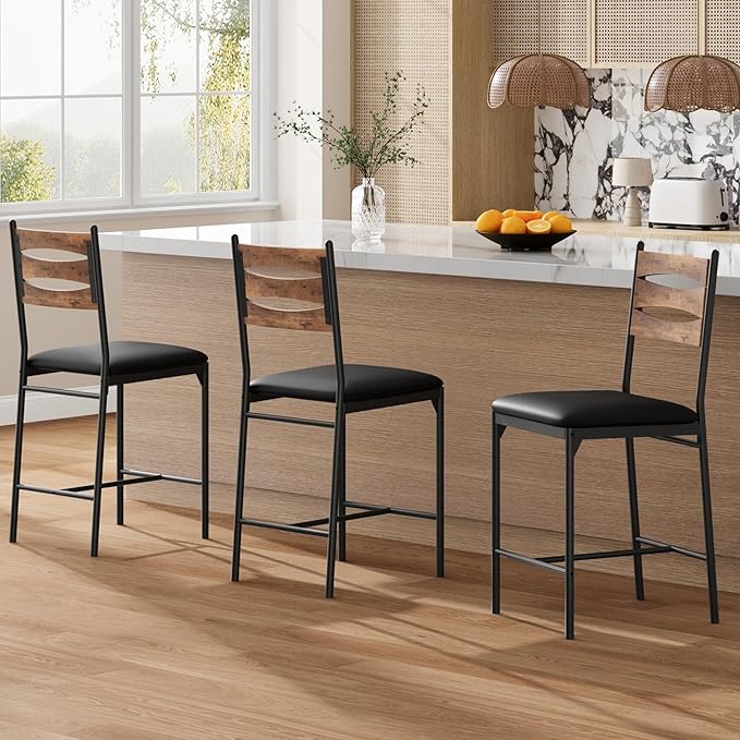 GarveeHome Bar Stools Set of 2, Wooden Barstools, Faux Leather Upholstered Bar Chair with Back & Footrest & Thick Cushion, Counter Height Bar Stools for Kitchen Island Apartment, Brown
