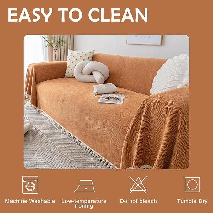 HANDONTIME Dark Orange Sofa Covers Couch Cover for Dogs Colorful Tassel Sofa Seat Cover Lovetseat Covers Pet Couch Cover Bohemian Sofa Cover for Couch Vintage Boho Couch Covers Futon Cover, 71" X134"