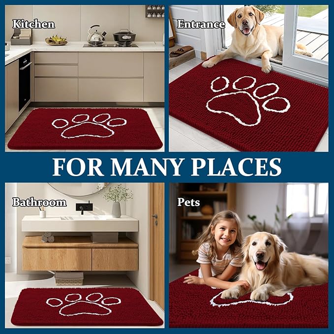 OLANLY Door Mat for Muddy Dog Paws 48x30, Ultra Absorbent Chenille Mud Doormat with Paw Print Design, Non-Slip Washable Doormat for Indoor Entryway, Quick-Dry Pet Bed Mats for Dirty Dogs, Red