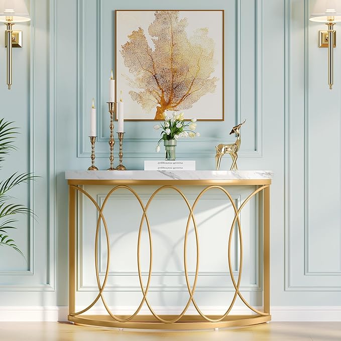 LITTLE TREE Half Moon Gold Console Table, 43 Inch Modern Faux Marble Entryway Table, Narrow Semi Circle Sofa Accent Table with Geometric Metal Frame for Living Room, Hallway