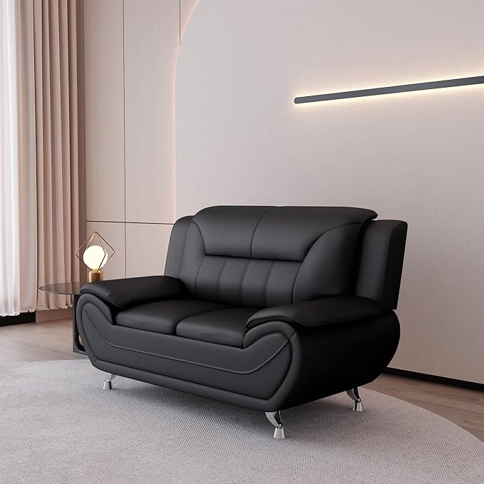 Container Furniture Direct Michael Modern Faux Leather Upholstered Stainless Steel Legs Living Room, Chair, Loveseat, Sofa, Black