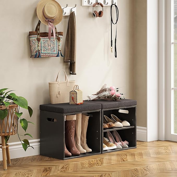 Bamboo Small Shoe Bench for Entryway 2 Tier Shoe Storage Bench with Cushion Adjustable Shoe Rack with Padded Seat for Living Room Hallway (Antique Black)