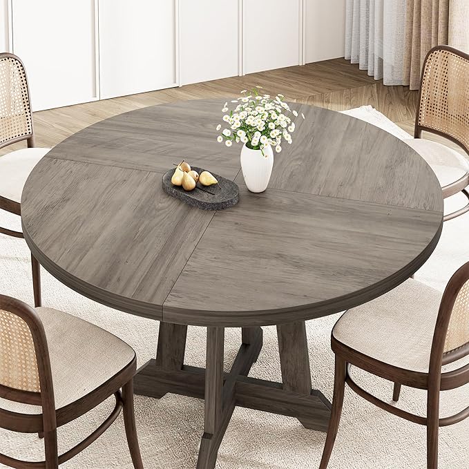 GarveeHome Round Dining Table for 4,Kitchen Dining Room Circle Dinner Pedestal Table,Space Saving Wood Kitchen & Dining Room Furniture,Grey 47-inch Diameter