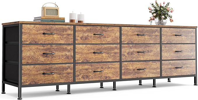 Huuger 70 Inch Dresser for Bedroom, TV Stand for 65, 75, 80 Inch TV, 12 Fabric Drawer Long Dresser, Large Entertainment Center for Bedroom, Wide Chest of Drawer with Storage, Rustic Brown