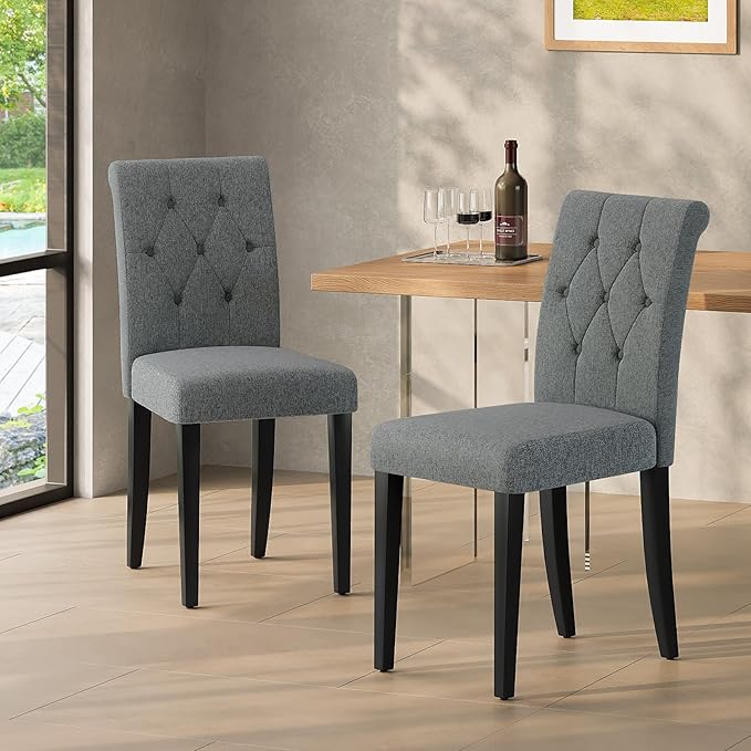 Upholstered Dining Chairs Set of 6, Button Tufted Parsons Dining Chair with Solid Wood Legs, Modern Fabric Side Chair for Dining Room/Kitchen/Restaurant/Hotel- Grey