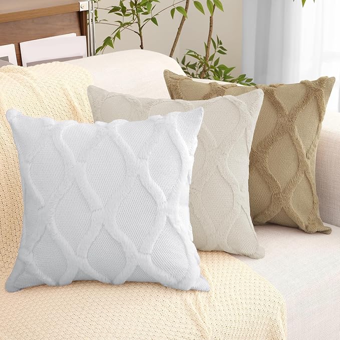 decorUhome Throw Pillow Covers 16x16 Inch Set of 2, Soft Plush Faux Fur Wool Khaki Couch Pillow Covers, Decorative Neutral Pillow Cases for Bed Sofa Living Room Home Decor