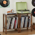 LELELINKY 2-Tier Bamboo Record Player Stand Set of 2 with Vinyl Record Storage up to 100 Albums, Boho Bedroom Record Holder and Multi-Functional End Table for Living Room, Brown