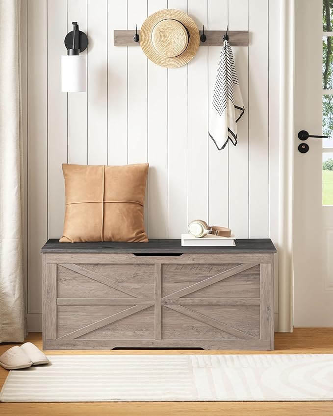 Storage Chest, 43.3" Wooden Storage Trunk, Retro Storage Bench with Safety Hinge, Toy Box, Farmhouse Style, for Bedroom, Living Room, Charcoal Gray and Greige MCW11HC