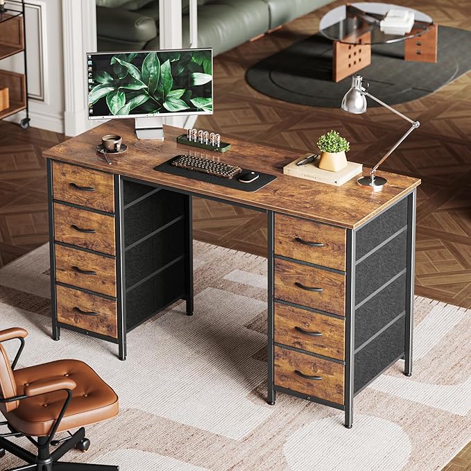 Huuger 47 Inch Computer Desk with 8 Fabric Drawers, Office Desk Work Desk for Home Office, Study, Gaming Desk with Drawers, Large Storage, Rustic Brown