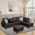 L Shaped Modular Sectional Sofa with Reversible Chaise Lounge, 5-Seater Corner Couch, PU Leather Convertible Sofá w/Movable Ottoman, Cup Holders, 2 Pillows and Rivet Ornament for Living Room