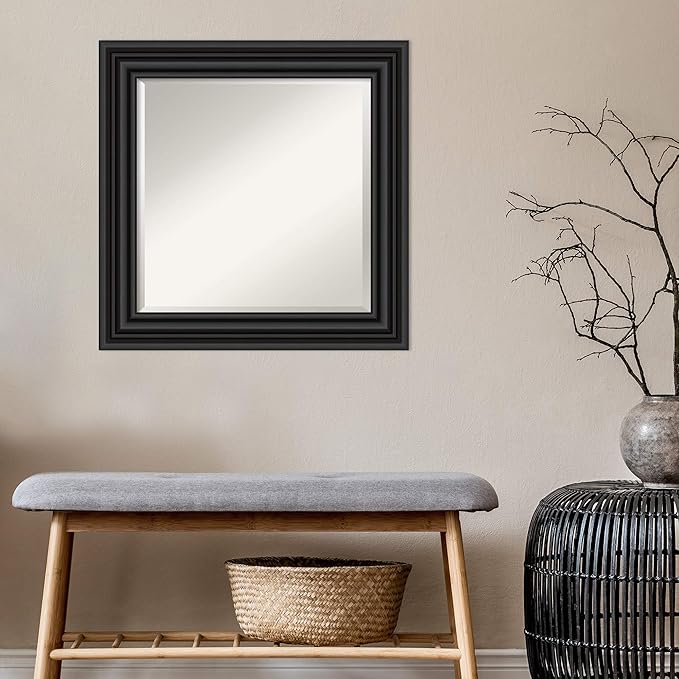 Amanti Art Black Bathroom Mirror for Over Sink, 26x26 Colonial Black Square Vanity Mirror, Medium Traditional Frame, Hangs Horizonally and Vertically, Bathroom Wall Decor, Beveled Edge