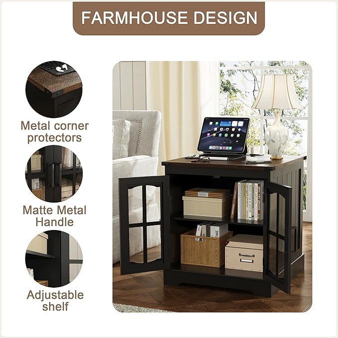 ChooChoo Farmhouse End Table Set of 2, 24" Large Sofa Side Table with Charging Station & LED Light, Black Nightstand with Adjustable Storage Shelf, Square Bedside Table for Living Room