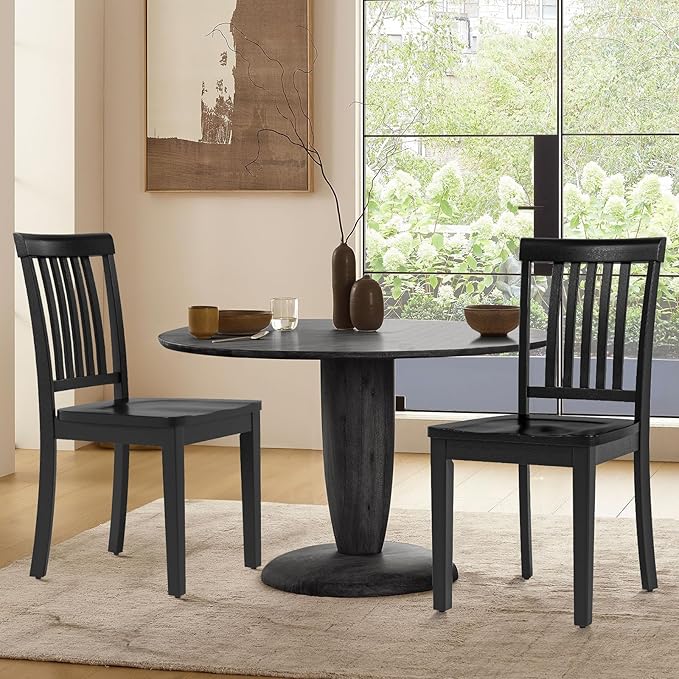 COLAMY Wooden Dining Chairs Set of 2, Solid Rubberwood Kitchen & Dining Room Chairs, High Spindle Back Windsor Style, Modern Dining Table Chairs, Non-Slip Foot Pads, Minimalist Home Furniture,Black