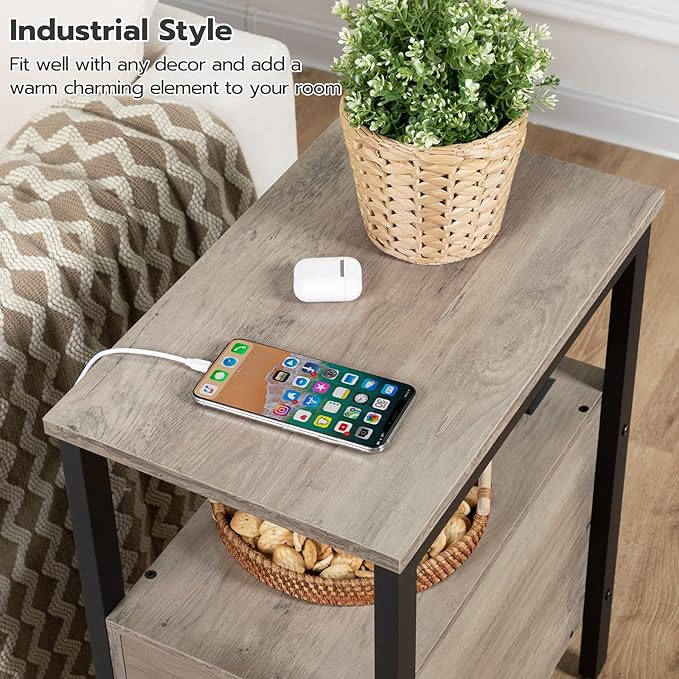 HOOBRO Set of 2 End Tables with Charging Station, Narrow Side Table with Drawers & USB Ports & Power Outlets, Nightstand for Small Spaces, Living Room, Stable, Greige and Black BG541BZP201