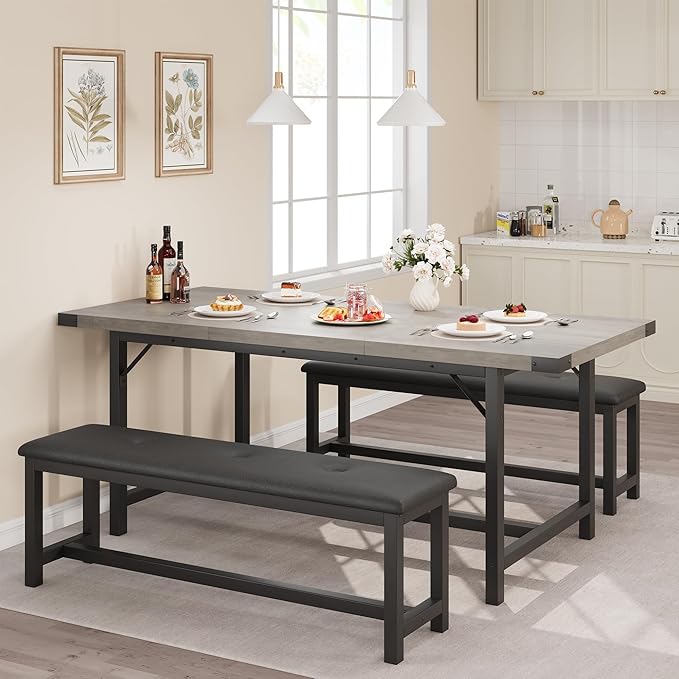3-Piece Dining Table Set for 4-6 People, Extendable Kitchen Table Set with 2 Upholstered Benches, Dining Room Table Set for Apartment, Kitchen, Living Room, Gray