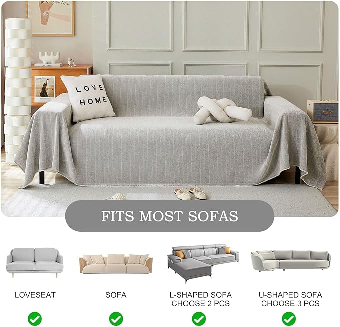 STACYPIK Soft Silver Gray Sofa Cover, Herringbone Couch Cover for Sectional, Pet Friendly Couch Protector for 3 Cushion Couch, Washable Chenille Sofa Covers for L-Shaped, Multi-Use Blankets-91X118IN