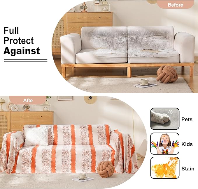 Boho Couch Cover, Sofa Cover, Sofa Covers for 2 Cushion Couch, Washable Sectional Couch Covers for Dogs Pet Furniture Protector Couch Cover Blanket for Living Room (1# Orange, 71" x 102")