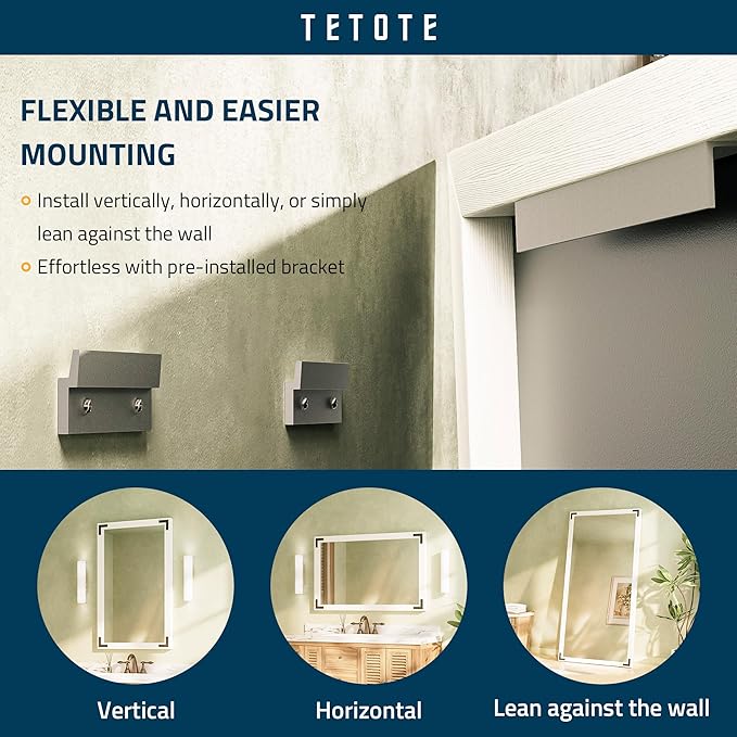 TETOTE 48 x 30 White Wood Mirror for Bathroom Wall/Bedroom/Living Room/Entryway Farmhouse Rustic Bathroom Vanity Mirror for Over Sink Waterproof (Horizontal/Vertical Mounted)