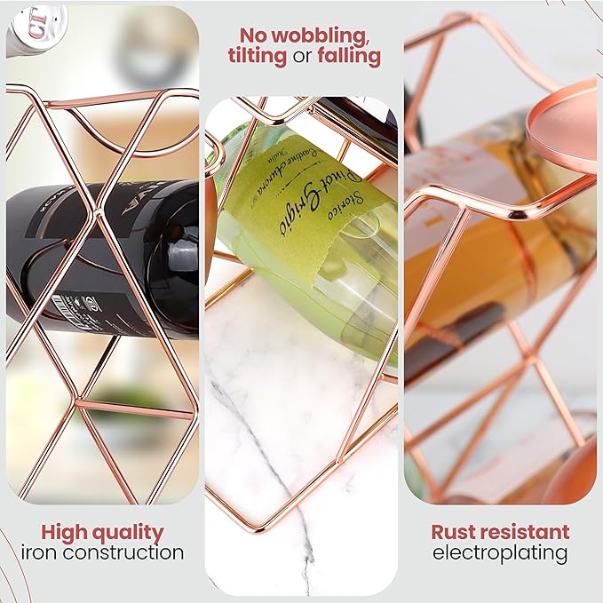 Gusto Nostro Countertop Wine Rack with Glass Holder for 8 Bottles & 4 Glasses, Small Modern Tabletop Wine Rack - No Assembly Wine Holder Stand for Home Kitchen Cabinet Wine Cellar Storage (Rose Gold)