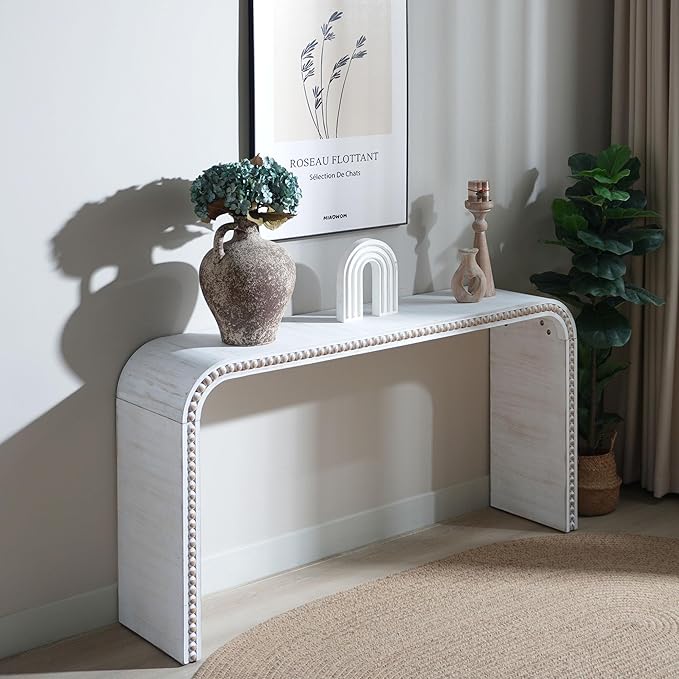 KEIKI Wood Console Table Behind Couch & Sofa, Retro Style with Curved Waterfall & Wood Beads Design, for Entryway, Living Room, Antique White