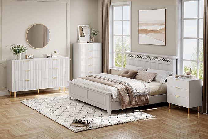 GarveeHome White Dresser, Modern 5 Drawer Dresser for Bedroom with Gold Handle and Large Drawer, Wood Double Chest of Drawers and Storage Organizer for Living Room, Hallway, Entryway