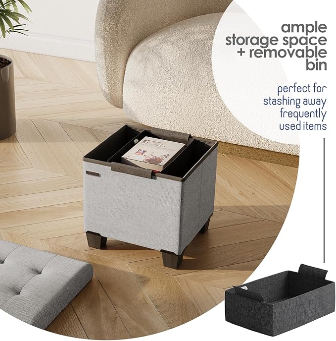 STORAGEBUD Storage Ottoman Cube with Small Bin, 16-in Square Ottoman with Storage for Living Room and Bedroom, Small Ottomans Foot Rest, Fabric Foot Stools Ottomans Max 330lbs, Light Grey
