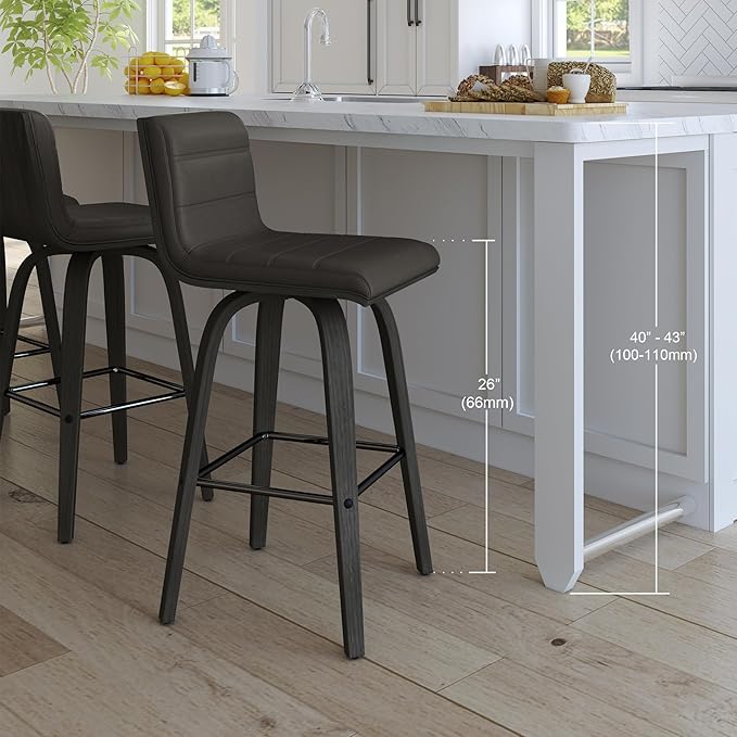 Armen Living Vienna Counter Height Barstool Brushed Wood Finish Faux Leather Kitchen and Dining, 26" Counter Height, Black/Gray, More color/size option