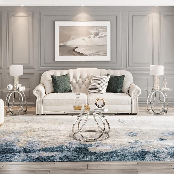 O&K FURNITURE Silver Coffee Table, Modern Glass Coffee Table Living Room Table with Ring-Shaped Frames, Glass Coffee Table for Home&Office, Chrome Finish, 1 PC