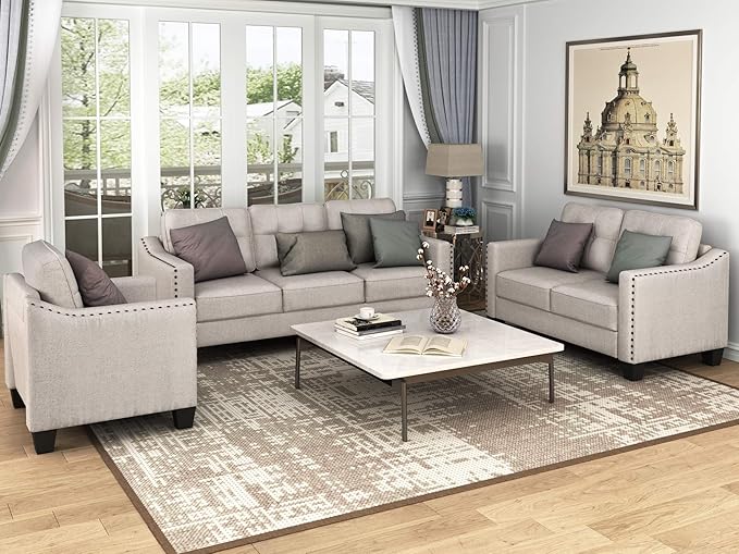 3 Pieses Living Room Sofa Sets Linen Blend Button Tufted Retro Sofa&Couch Include 3 Seaters Couch, Loveseat and Armchair with Waved Armrests and Nailhead Decor for Home Apartment Office