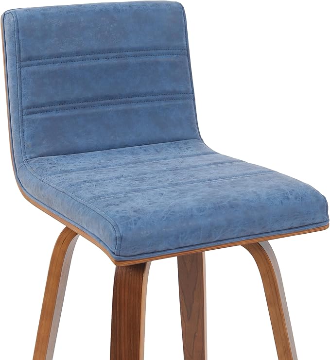 Armen Living Vienna Modern Swivel 26" Counter Height Barstool with Vintage Blue Faux Leather and Walnut Wood Finish