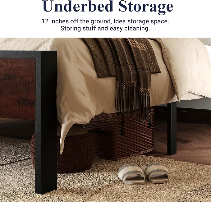Allewie Full Size Platform Bed Frame with Wooden Headboard and Footboard, Heavy Duty 12 Metal Slats Support, No Box Spring Needed, Under-Bed Storage, Noise Free, Easy Assembly, Mahogany