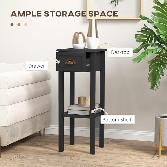 HOMCOM 2-Tier Side Table with Drawer, Narrow End Table with Bottom Shelf, for Living Room, Set of 2, Black