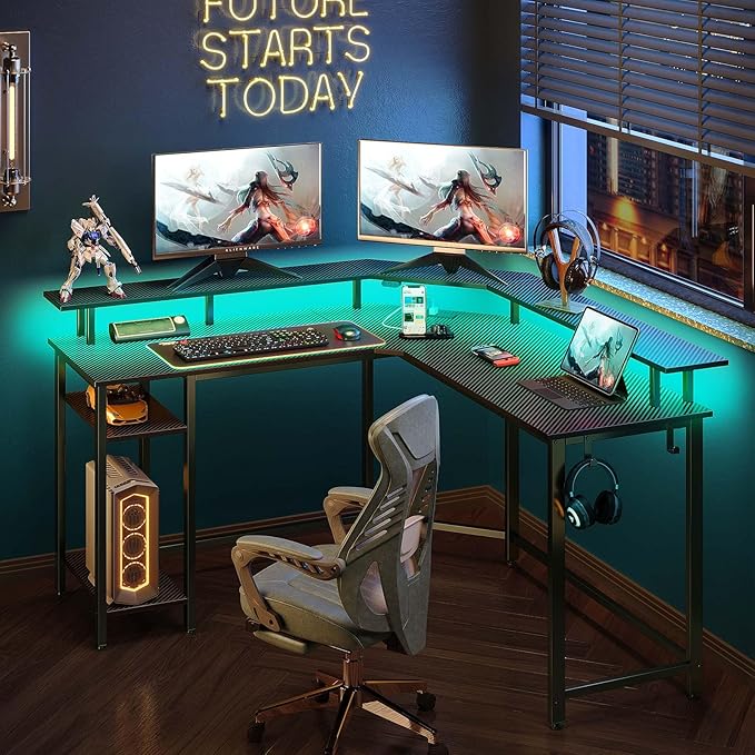 Rolanstar L Shaped Gaming Desk with LED Lights & Power Outlets, 53" Computer Desk with Full Monitor Stand & Storage Shelf, Corner Desk with Hooks, Carbon Fiber Desk Reversible