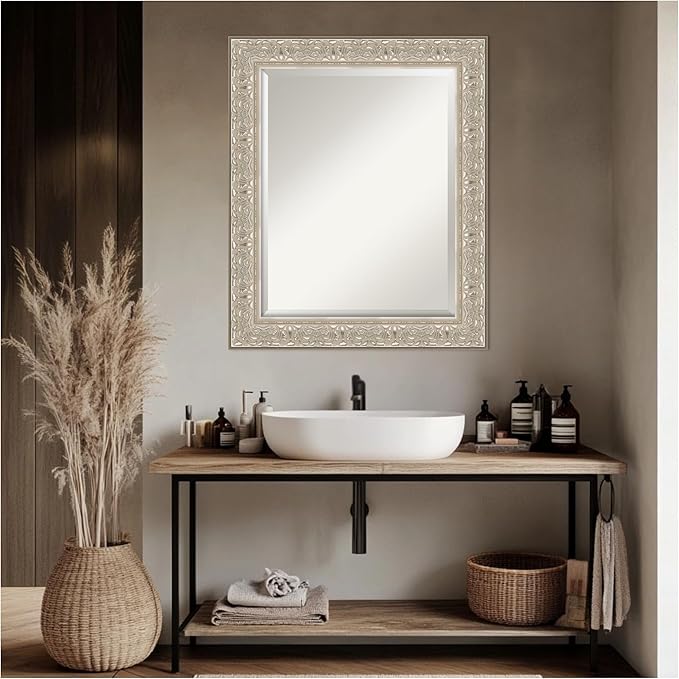 Amanti Art Silver Bathroom Mirror for Over Sink, 29x35 Luxe Silver Cream Rectangle Vanity Mirror, Large Traditional Frame, Hangs Horizonally and Vertically, Bathroom Wall Decor, Beveled Edge