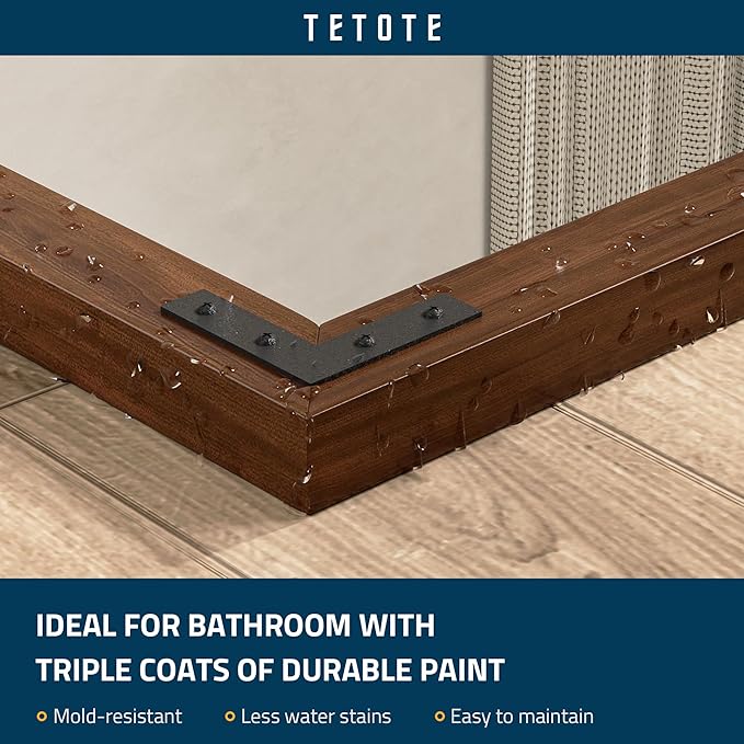 TETOTE 60 x 36 Rustic Bathroom Mirror Wood Frame, Waterproof Walnut Brown Farmhouse Wooden Framed Rectangle Bathroom Vanity Mirror for Modern Boho Decor, Horizontal/Vertical, Easy to Install