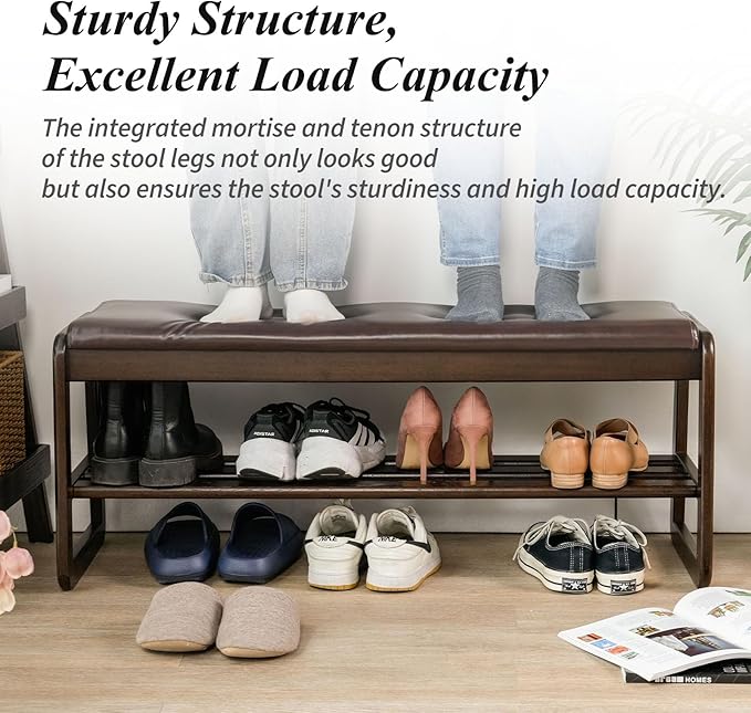 Shoe Bench, Entryway Bench with Leather Cushion, Solid Wood Shoe Rack, Mid Century Modern Bench, Shoe Storage, Shoe Organizer for Entryway (Brown, 21.7" W)