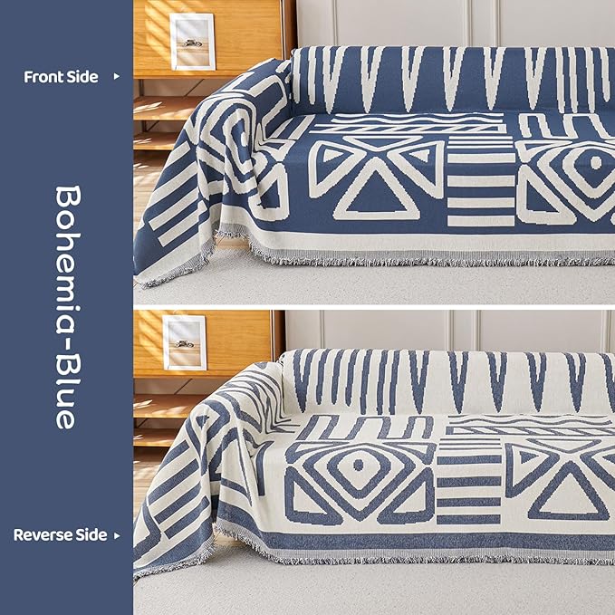 STACYPIK Boho Chenille Blue Sofa Cover L Shaped Couch Cover Reversible Couch Cover for 3 Cushion Couch Non-Silp Furniture Cover for Dogs Cats Sectional Sofa Cover for Loveseat Futon Cover-91X150IN