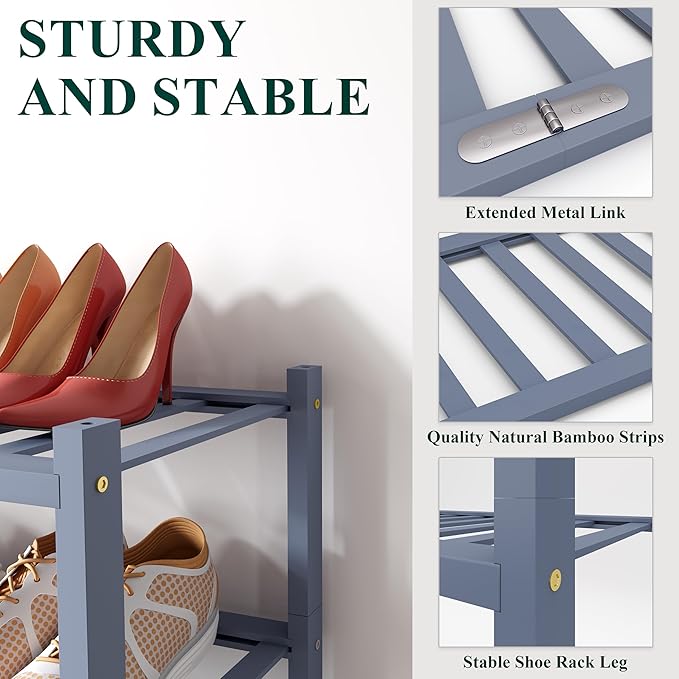 Smiry Shoe Rack, 4 Tier Bamboo Shoe Organizer, Stackable Free Standing Wooden Shoe Storage Shelf for Closet, Entryway, Front Door Entrance, Grey