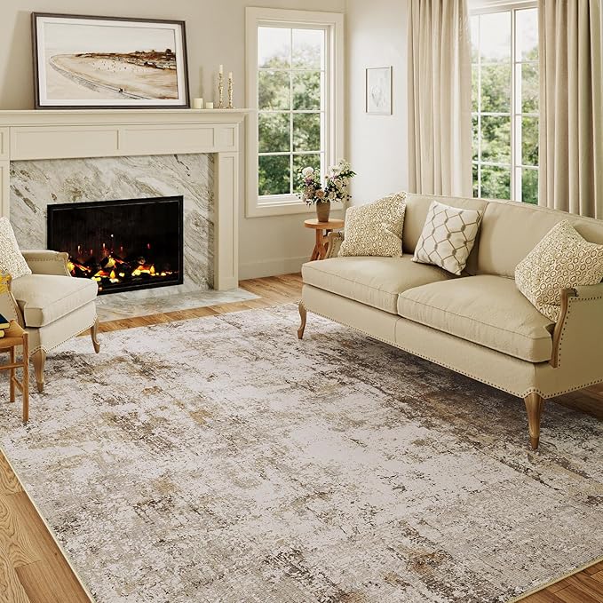 12x15 Washable Area Rug Brown Grey Abstract Neutral Living Room Bedroom Large Throw Rug Non Slip Soft Distressed Low Pile Indoor Floor Carpet for Kitchen Office Entryway